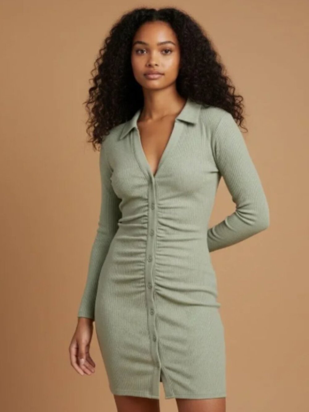 Ruched Button-Front Collared Long Sleeve Dress — Sage Green
